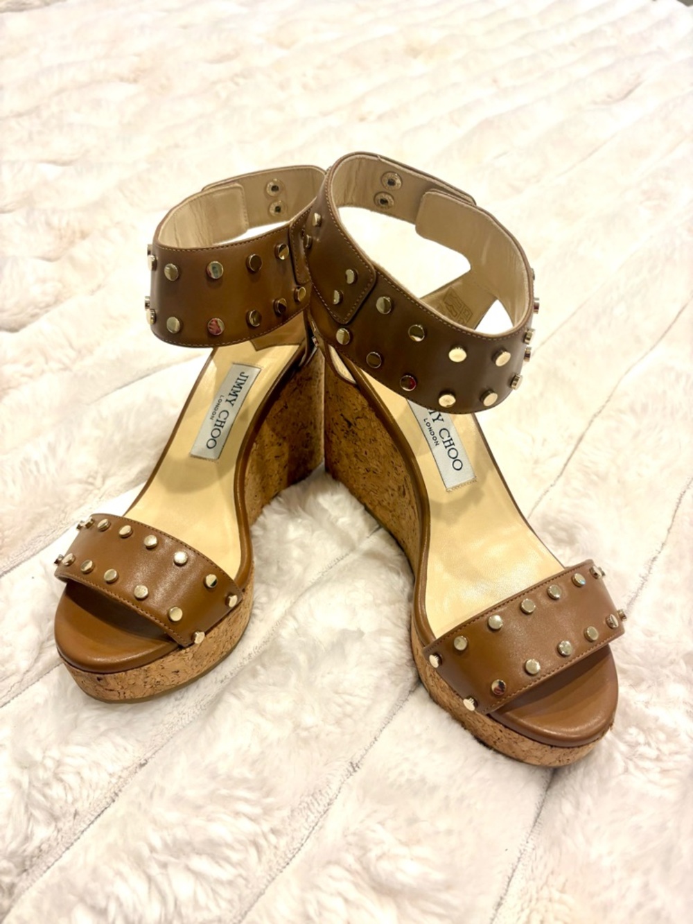 Jimmy Choo Tan Leather Studded Cork Wedge Sandals